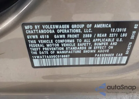 2016 Volkswagen Passat 1.8T S из США, поврежденный, VIN 1VWAT7A33GC018687